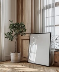 Close-up frame mockup in the empty interior background. Presented in 3D render. Made with generative AI technology