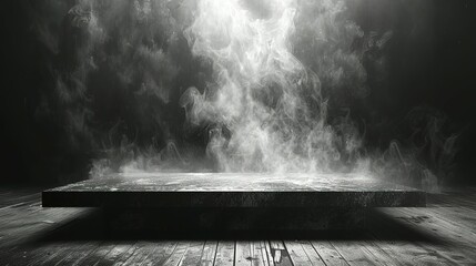 Podium black dark smoke background product platform abstract stage texture fog spotlight. Dark black floor podium dramatic empty night room table concrete wall scene place display studio smoky dust - obrazy, fototapety, plakaty