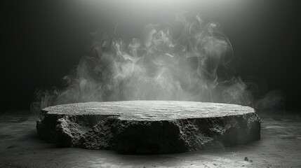 Podium black dark smoke background product platform abstract stage texture fog spotlight. Dark black floor podium dramatic empty night room table concrete wall scene place display studio smoky dust