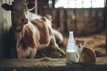 cow cat and milk in a bottle - obrazy, fototapety, plakaty