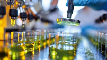 A laboratory setting with scientists analyzing samples of extracted algae oil under magnifying glasses and testing its efficiency as a biofuel source in smallscale engines. . - obrazy, fototapety, plakaty