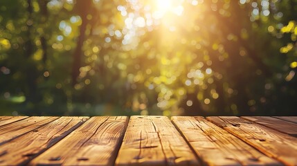 Empty wooden table space with forest blurred background and sun light