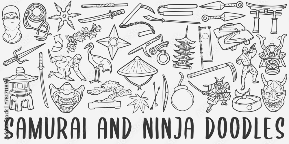 Sticker samurai and ninja doodle icon set. asian warriors vector illustration collection. banner hand drawn 