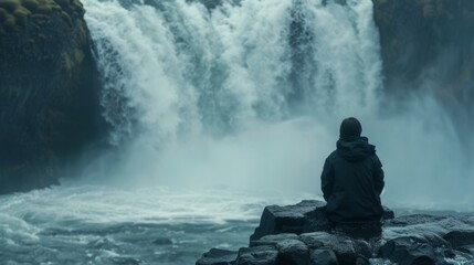 A person sits alone on a rocky cliff back facing the camera as they contemplate the wild and...