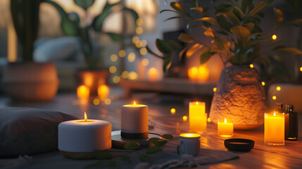 A cozy evening setting with candles and soft lighting, creating an atmosphere of relaxation and comfort, with elements like potted plants adding to the serene ambiance - Powered by Adobe