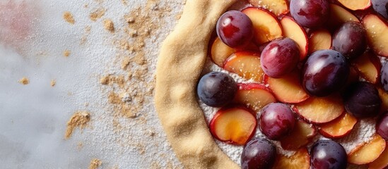 Whole wheat French galette with sliced fruit apricots, peaches and blueberries