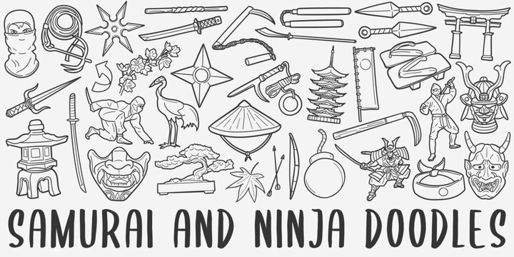 Samurai and Ninja doodle icon set. Asian Warriors Vector illustration collection. Banner Hand drawn Line art style.