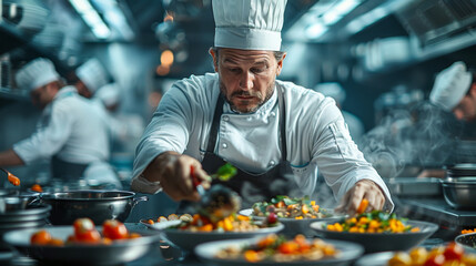 Famous Chef of a Big Restaurant Prepares Dishes with His Help of Cooks. Modern Kitchen is Made of...