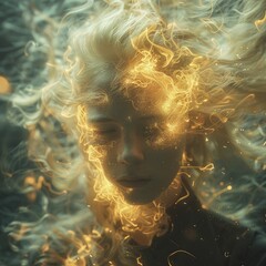 A being of pure energy, with a core of pulsing light, tendrils of electricity for hair, and eyes like suns, in a dynamic portrait photography style. - obrazy, fototapety, plakaty