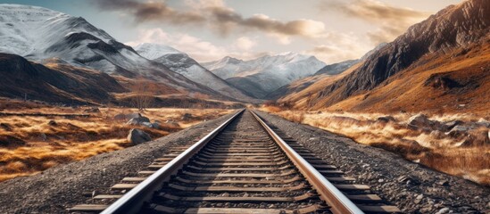 train tracks in the middle of beautiful hills - obrazy, fototapety, plakaty