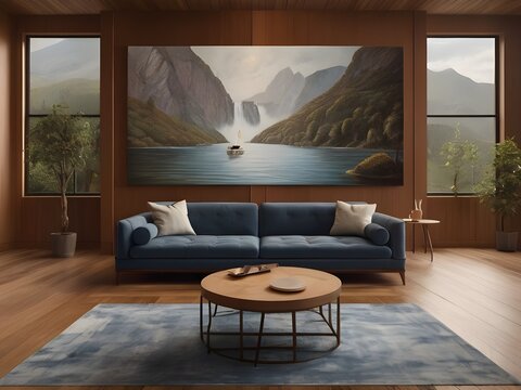 Sofa in a clean house and hanged painting of a boat sailing in a river 