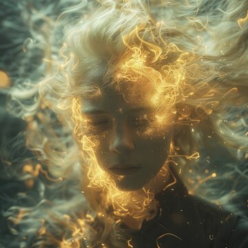 A being of pure energy, with a core of pulsing light, tendrils of electricity for hair, and eyes like suns, in a dynamic portrait photography style.