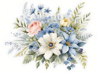 Fototapeta na wymiar soft delicate baby blue and white bouquet of flowers watercolor