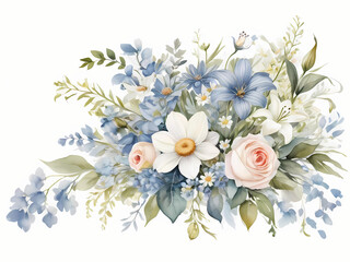 soft delicate baby blue and white bouquet of flowers watercolor