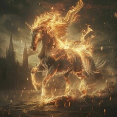 Capturing the fiery essence of a demon cloaked in equine splendor, its mane ablaze and hooves igniting sparks, through a regal lens. - obrazy, fototapety, plakaty