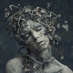 A demon of decay, with plants dying and rebirthing from its body, in a hauntingly beautiful portrait photography style. - obrazy, fototapety, plakaty