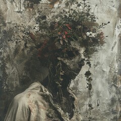 Capturing the eerie transformation of flora amidst decay, this hauntingly beautiful portrait reveals a demon's symbiotic realm. - obrazy, fototapety, plakaty