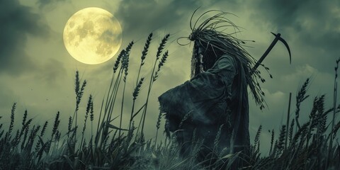 A demon of the harvest, with a crown of wheat and a scythe that gleams under the moon, in a pastoral portrait photography style. - obrazy, fototapety, plakaty