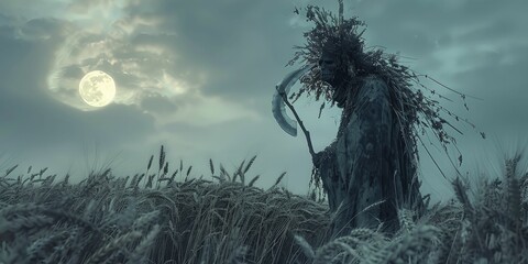 Capturing the eerie essence of a harvest demon with a wheat crown and gleaming scythe under the moon in pastoral portrait style. - obrazy, fototapety, plakaty