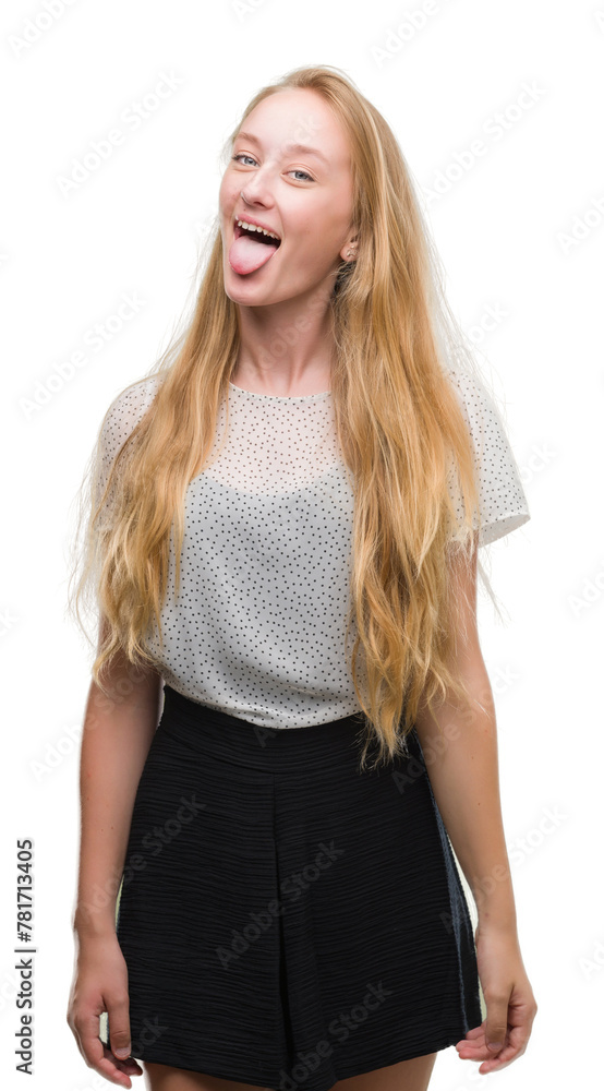 Sticker blonde teenager woman wearing moles shirt sticking tongue out happy with funny expression. emotion c