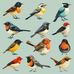 A series of vibrant, stylized illustrations of various species of birds in multiple poses.