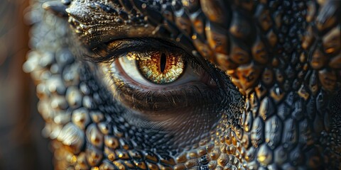 Close up of a demon's face with scales that shimmer in the light, piercing yellow eyes, and a mouth that curls into a sinister smile, in portrait photography style. - obrazy, fototapety, plakaty