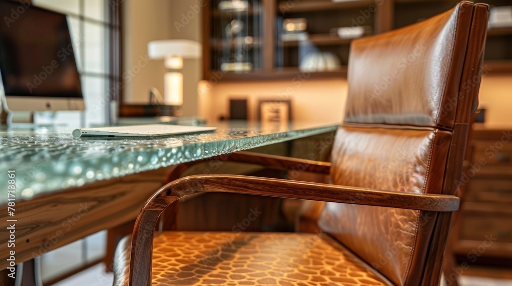 Poster the home office desk is given a stylish and sustainable upgrade with a recycled glass countertop in 
