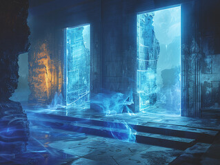 Forbidden technology, lost blueprints, unraveling secrets, envisioning a different reality Conceptual 3D render with a spotlight effect and chromatic aberration