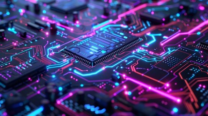 Fototapeta premium image of computer microchip with blue and violet neon lights. generative ai