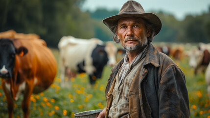 Obraz premium Farmer is working on the organic farm with dairy cows and holding big milk container pot. Model is a real farm worker!