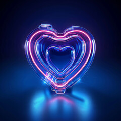 Vibrant neon heart glowing with blue and pink lights against a dark background.