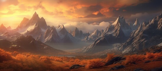 mountains, morning sunlight. Illustration of a panoramic view, fog silhouette with mountain peaks covered in snow - obrazy, fototapety, plakaty