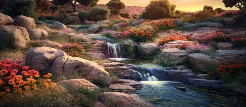 waterfall and flowers in spring