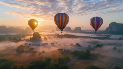Aerial view from colorful hot air balloons flying over with the mist national park in sunrise time,
