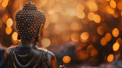 Back side of meditating Buddha statue. Bokeh background. Warm colors.