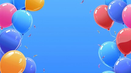 blue background with bright balloons as a border.