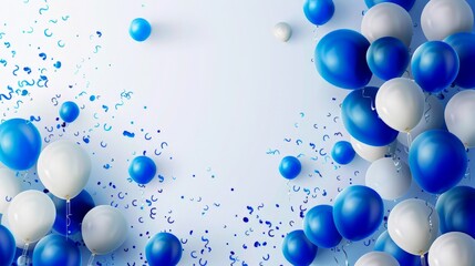 Obraz premium Celebration background with beautifully arranged blue and white balloons. Design