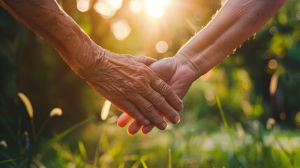 Caregiver, carer hand holding elder hand with blurred nature background. Philanthropy kindness to disabled old people concept.