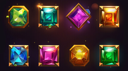 Gem set icons on dark background isolation, Illustration	