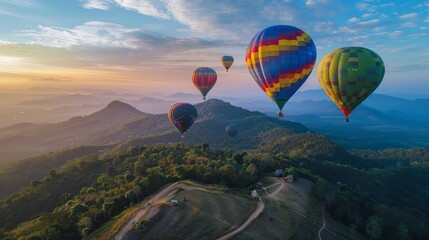 Colorful hot air balloons flying over mountain at Dot Inthanon