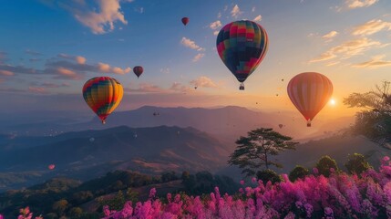 Colorful hot air balloons flying over mountain at Dot Inthanon