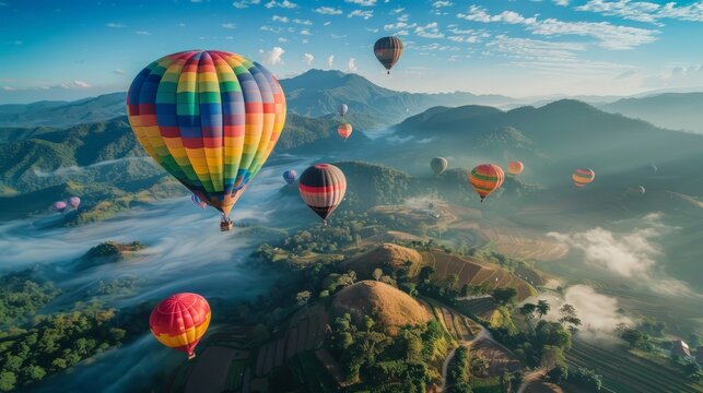 Colorful hot air balloons flying over mountain at Dot Inthanon
