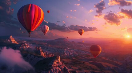 Colourful hot air balloons flying over the mountain