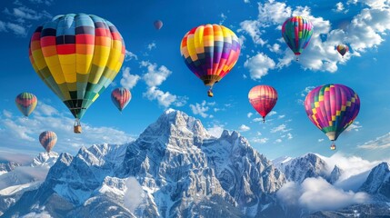 Obraz premium Colourful hot air balloons flying over the mountain