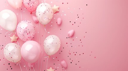 Festive pink background. Shining stars and balloons on light pink pastel background. Christmas. Wedding. Birthday. - obrazy, fototapety, plakaty