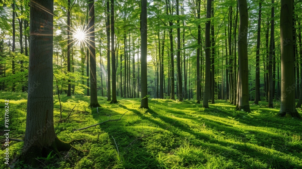 Poster sunlight filtering through forest trees