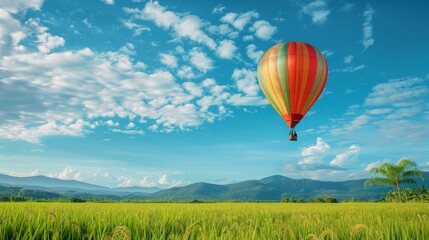 hot air balloon over the green paddy field. Composition of nature and blue sky background