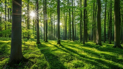 Sunlight filtering through forest trees