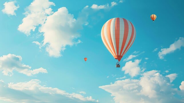 Hot Air Balloon Ride in blue sky white clouds background for wide banner of travel agency or adventure tour.