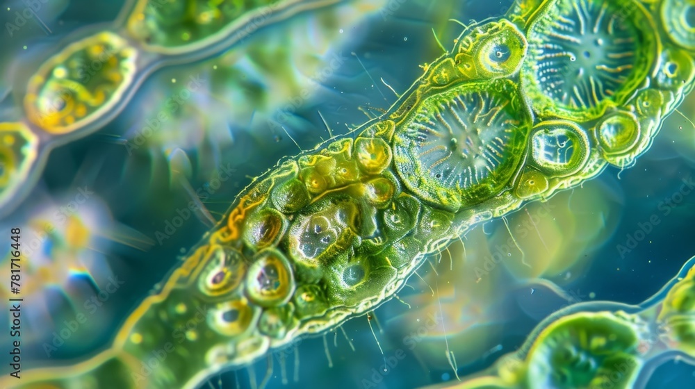 Poster a microscopic view of a protist known as euglena containing chloroplasts that make it capable of pho
